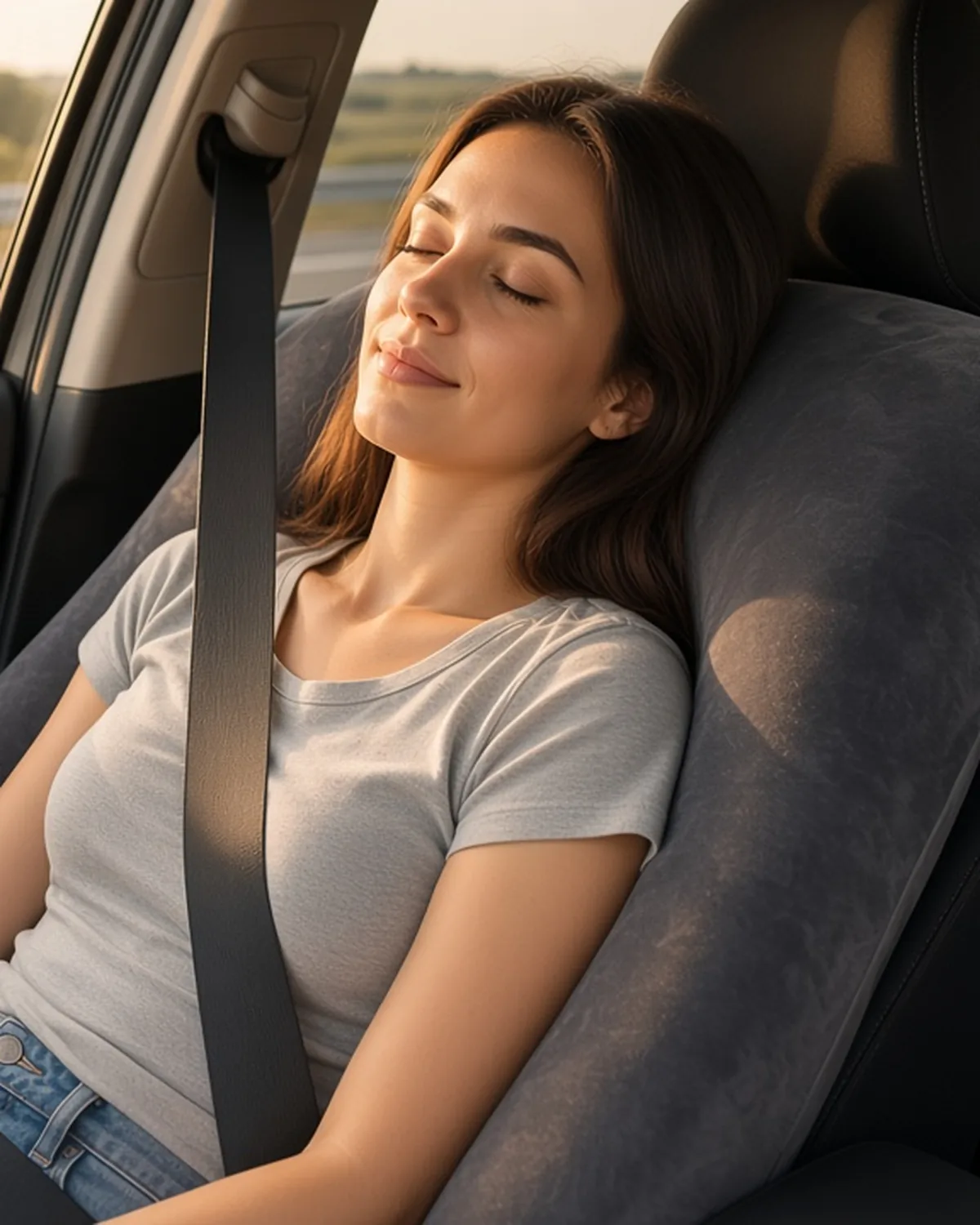 Foto pendiente: copiloto dormido en el asiento reclinado con la almohada rodeando cuello y hombros y el cinturón bien colocado