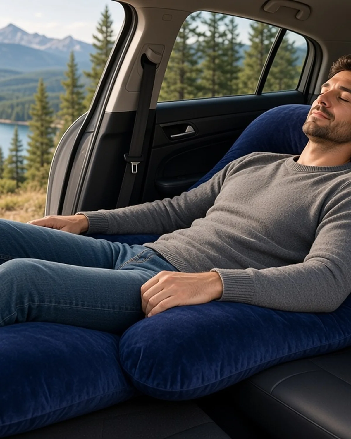 Foto pendiente: pasajero en el asiento trasero recostado en la almohada con el cinturón bien colocado